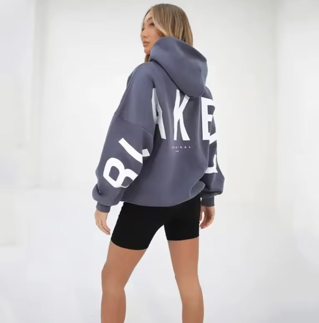 Womans logo hoodie grey white text