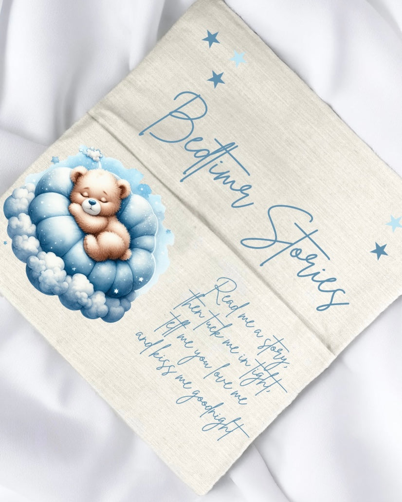 Blue bedtime stories cushion personalised comes with a book