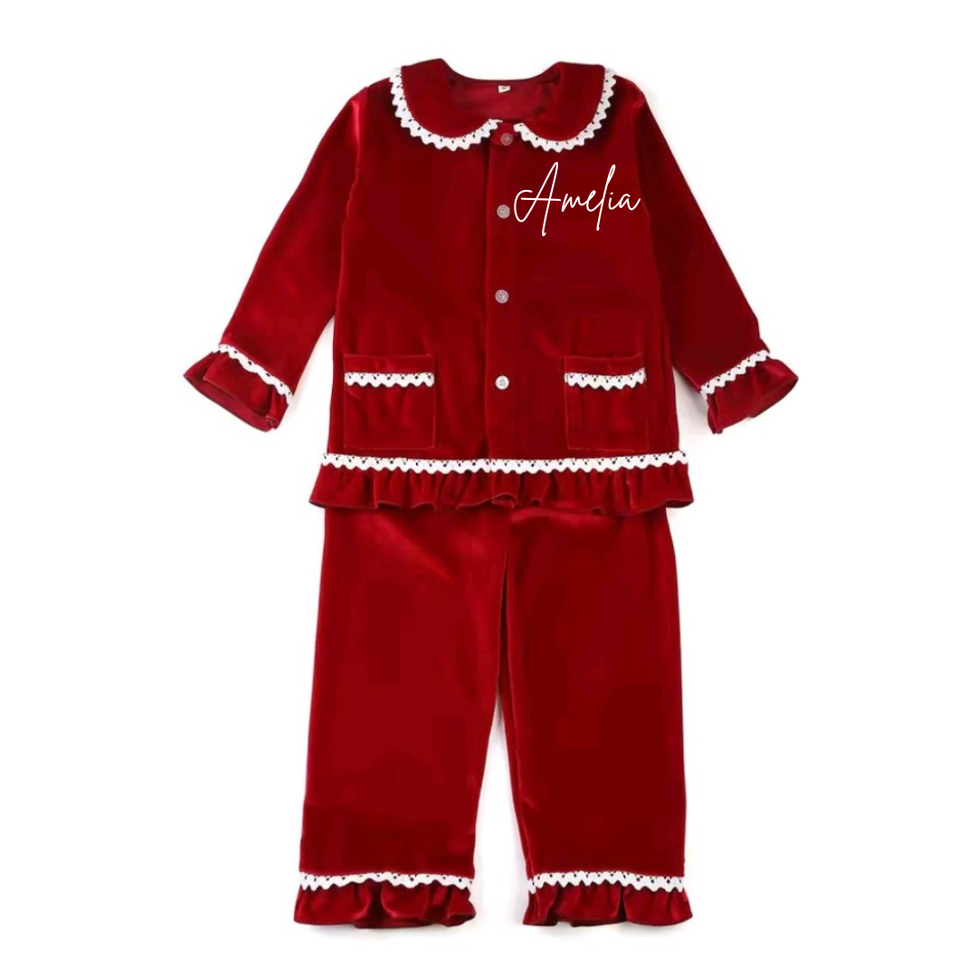 Smock velvet frilled red pjs personalised womans