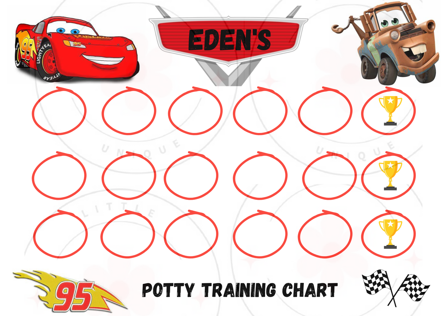 Digital cars themed potty training chart
