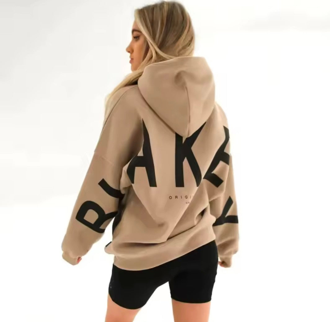 Womans logo hoodie beige black text