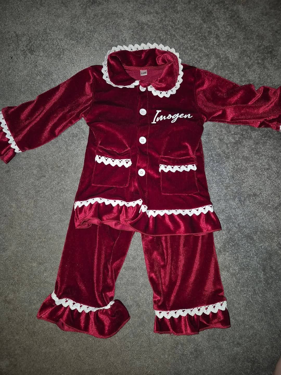 Red velvet frilled collard pj set