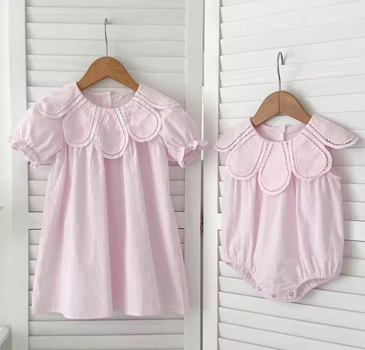 Girls embroidered petal collar dress or romper