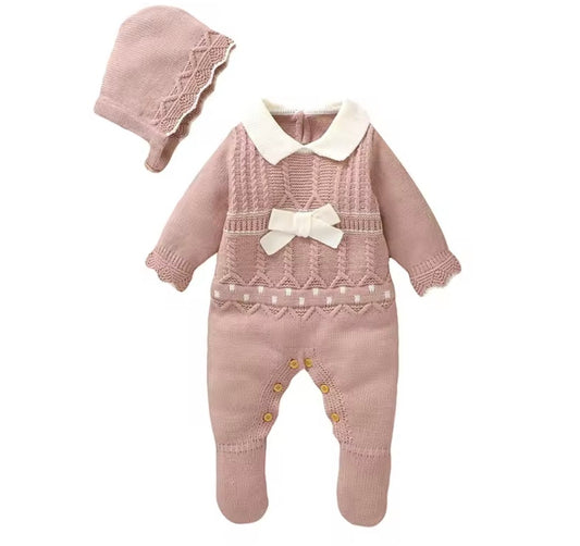 Girl knitted all in one and bonnet hat