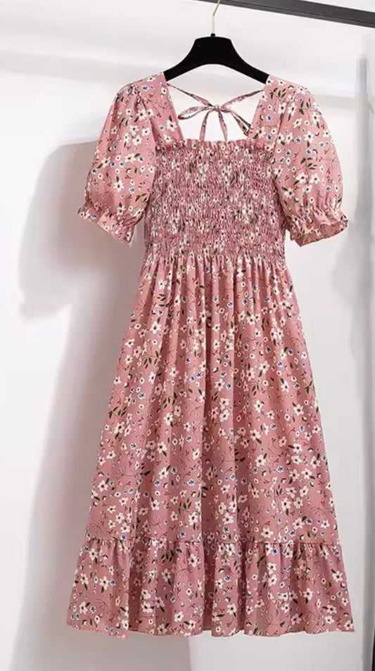 Womans pink flowery mid dress - one size