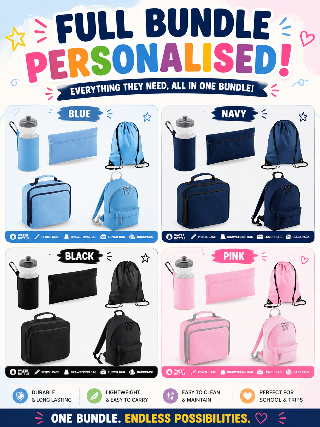 FULLY PERSONALISED BACKPACK SET WITH CHARACTER IMAGES