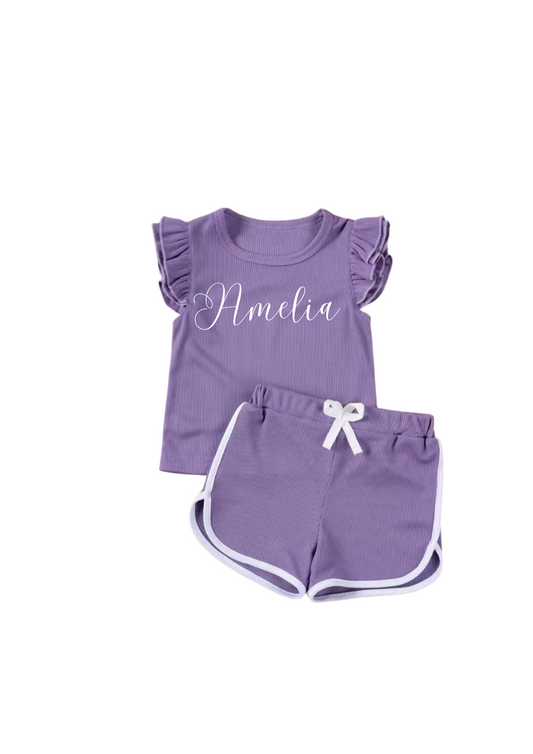 Purple frill top and lined short set