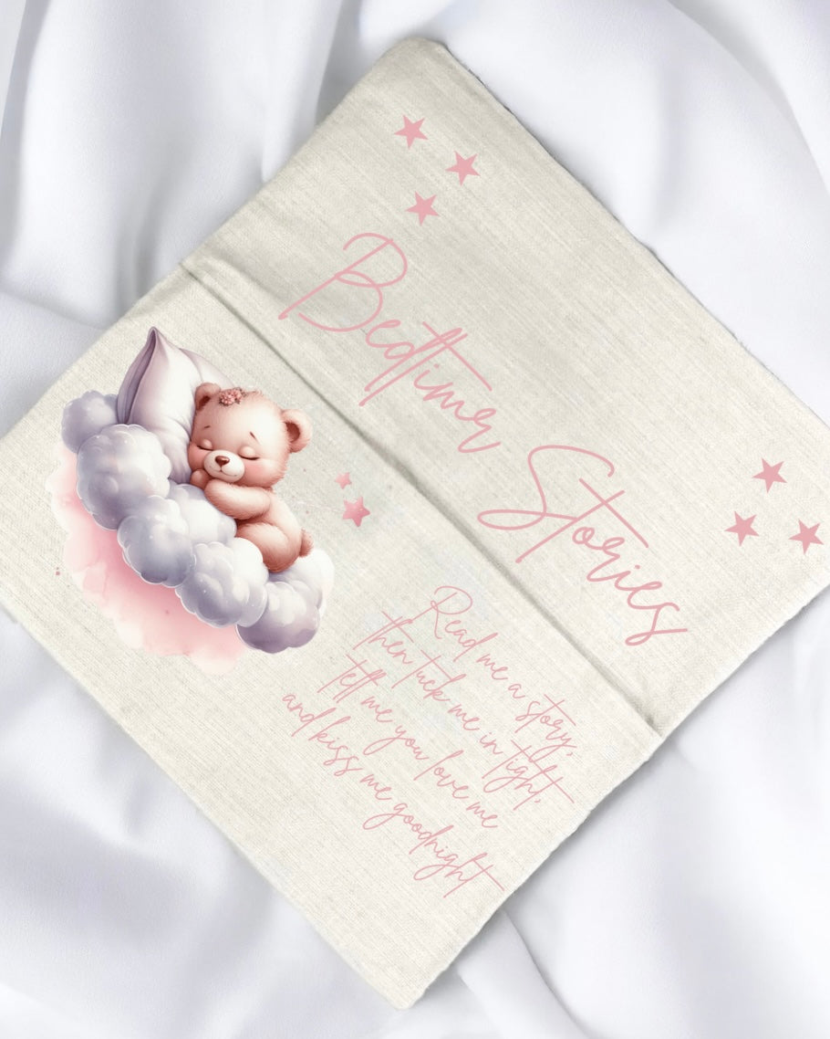 Pink personalised story bedtime pillow with book