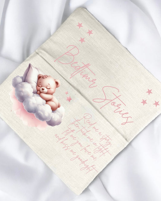 Pink personalised story bedtime pillow with book