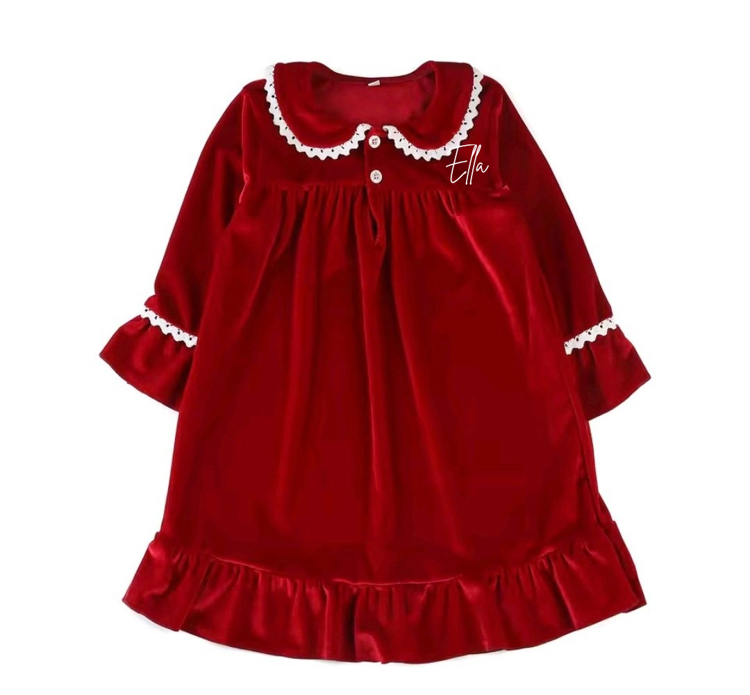 Smock frilled velvet red night dress personalised
