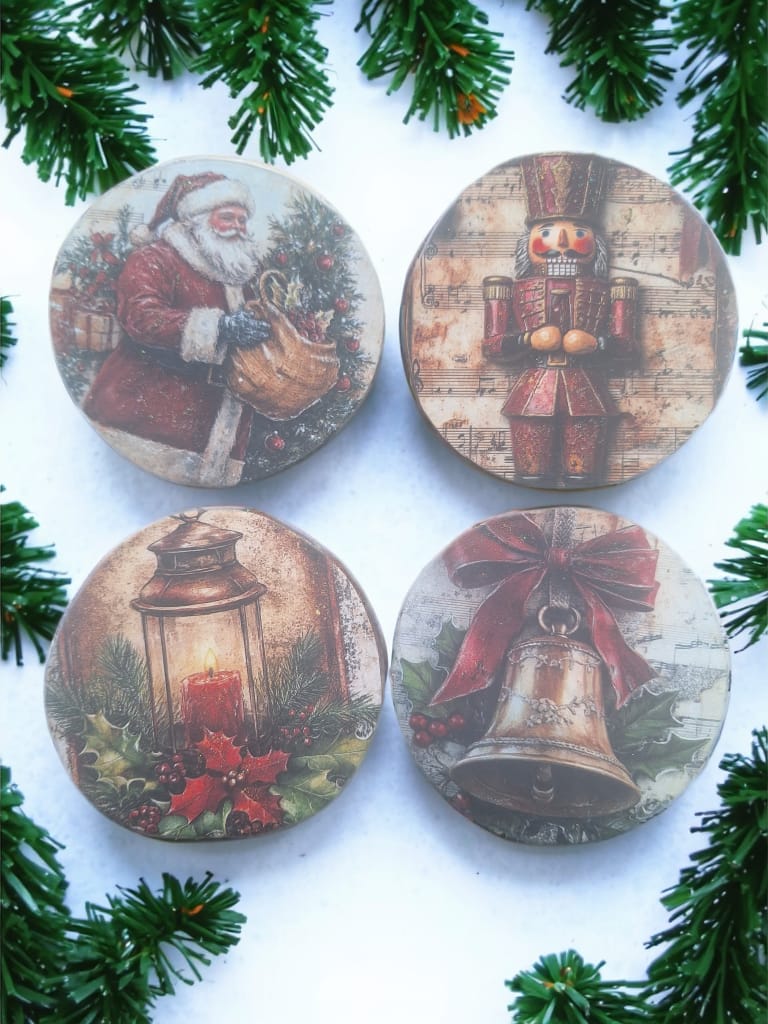 Wooden log Christmas coaster x4