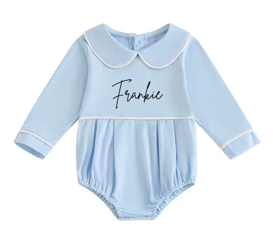 Blue long sleeved collared bodysuit