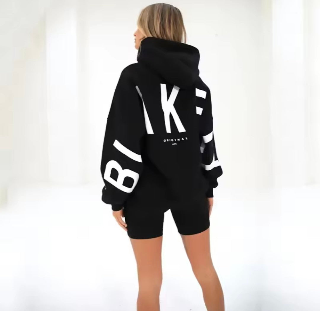 Womans logo hoodie black white text