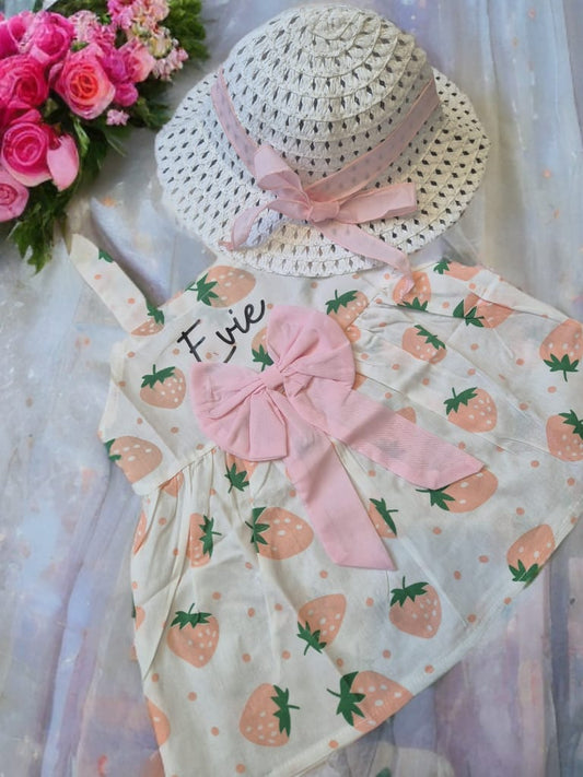 Strawberry pink bow dress and hat