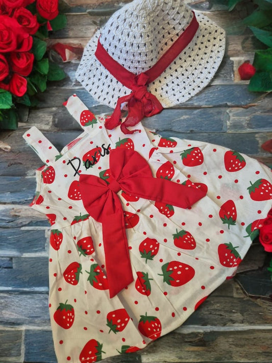 Strawberry bow dress and hat set